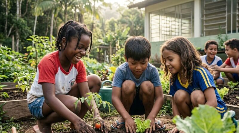 Crianças em atividade prática de como cuidar do meio ambiente educação infantil plantando mudas. alfabetização ecológica, Educação ambiental BNCC, atividades sustentáveis para crianças