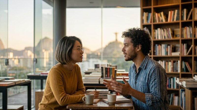 Como Fazer o Seu Crush se Apaixonar por Você - Fotografia cinematográfica de um casal brasileiro diverso na casa dos 20 anos (mulher asiática com óculos e homem pardo), engajados em uma conversa profunda e autêntica em uma biblioteca moderna ao pôr do sol, ilustrando o poder da inteligência e autenticidade para fazer o seu crush se apaixonar por você. linguagem corporal da sedução, inteligência emocional no amor