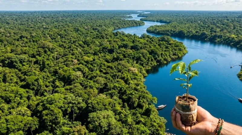 Preservar o Meio Ambiente - Mão humana segurando uma muda de planta em frente a uma floresta brasileira, simbolizando a responsabilidade de preservar o meio ambiente.