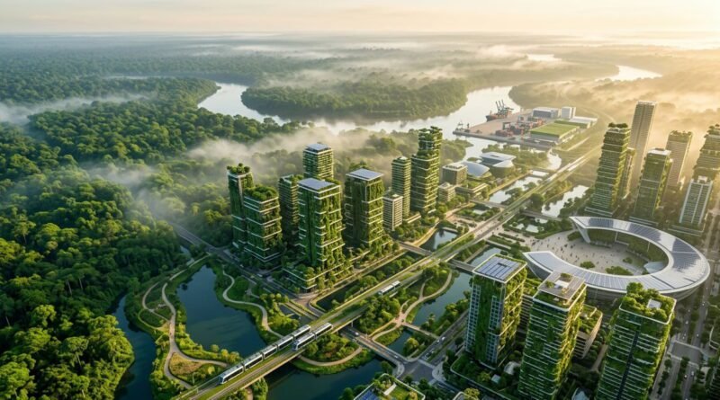 Preservar o Meio Ambiente - Vista aérea de uma cidade sustentável brasileira integrada à natureza para preservar o meio ambiente. pegada de carbono individual. economia circular. biofilia circular