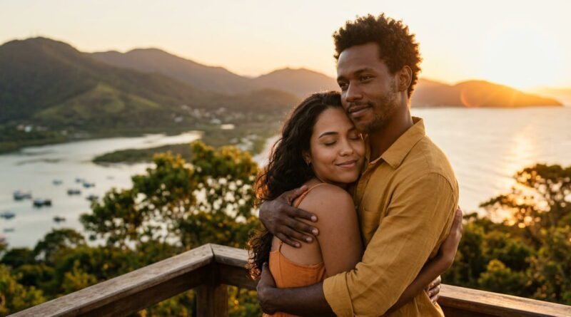 vencer a insegurança no relacionamento - autoestima no namoro - Casal brasileiro unido em um abraço seguro, simbolizando o sucesso em vencer a insegurança no relacionamento.