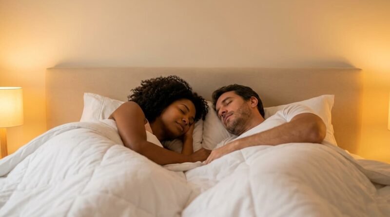Higiene do Sono a Dois - Casal em sono profundo num quarto minimalista com iluminação quente, praticando higiene do sono a dois