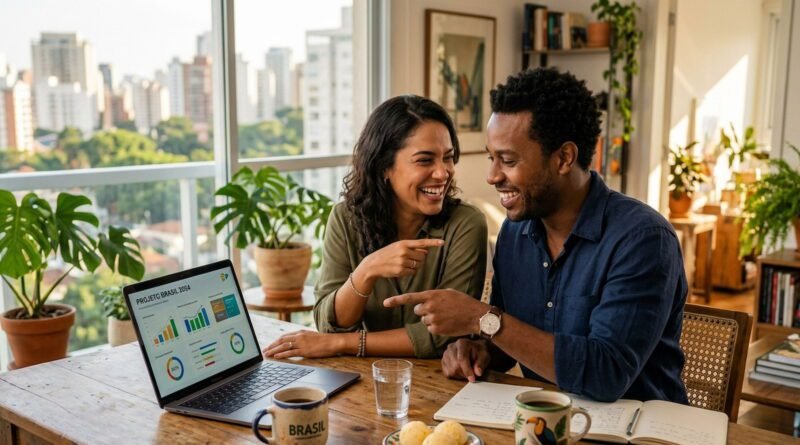 Dividir as Contas no Casal - Casal brasileiro moderno sorrindo enquanto olha para um tablet, planejando as finanças com café sobre a mesa.