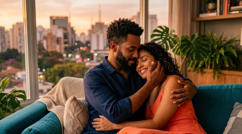 Linguagens do Amor 2026 - Casal brasileiro jovem abraçados espontaneamente sentado em um sofá aconchegante. focando na conexão emocional sem tecnologia
