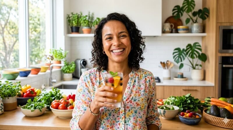Saúde Intestinal e Humor - Mulher radiante cuidando da saúde intestinal e humor através de alimentação natural e probióticos no Blog Mais Você.