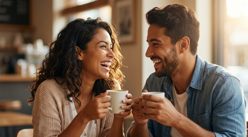 Um casal jovem e feliz (homem negro e mulher branca, com traços latinos/portugueses) rindo genuinamente e conversando em um café aconchegante à tarde.