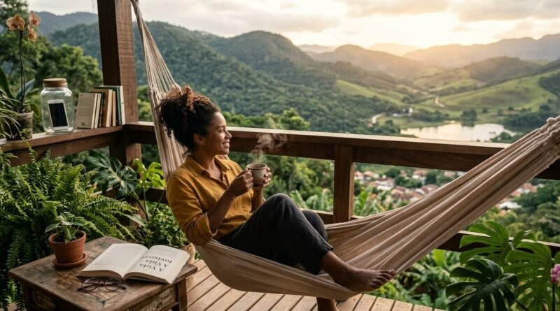Dieta Digital para Resetar Seu Cérebro - Pessoa brasileira descalça sentada na varanda com xícara de café e livro, com smartphone isolado em pote de vidro ao fundo, representando a dieta digital.