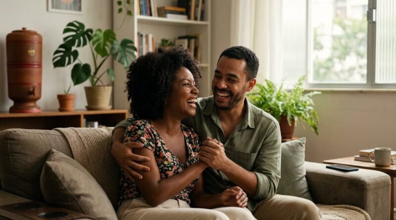 Casal brasileiro feliz e presente, exemplificando a importância de estabelecer limites do celular no relacionamento em 2026 - vício em celular - phubbing no casal