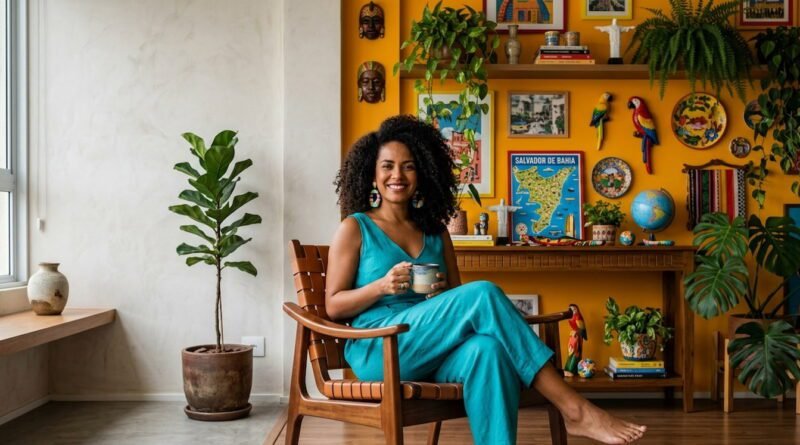 O Que a Decoração Diz Sobre Você - jovem brasileira negra em ambiente híbrido de decoração minimalista e maximalista, representando o que a decoração diz sobre você.